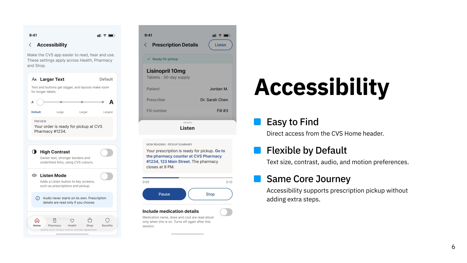 Accessibility preferences and Listen Mode screens