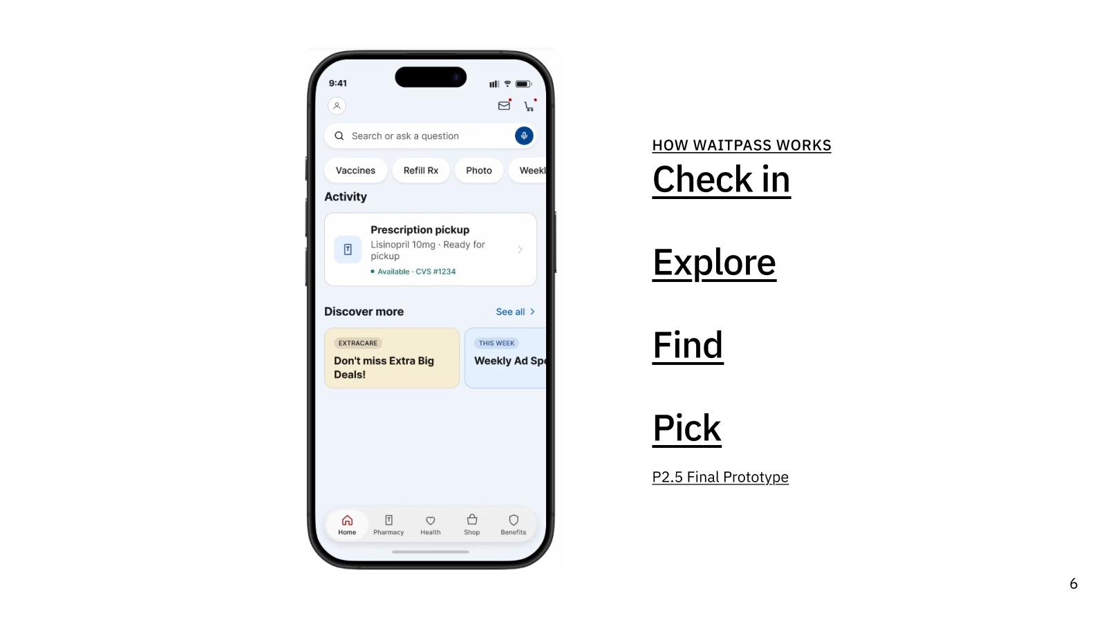 WaitPass user flow from check-in to pickup