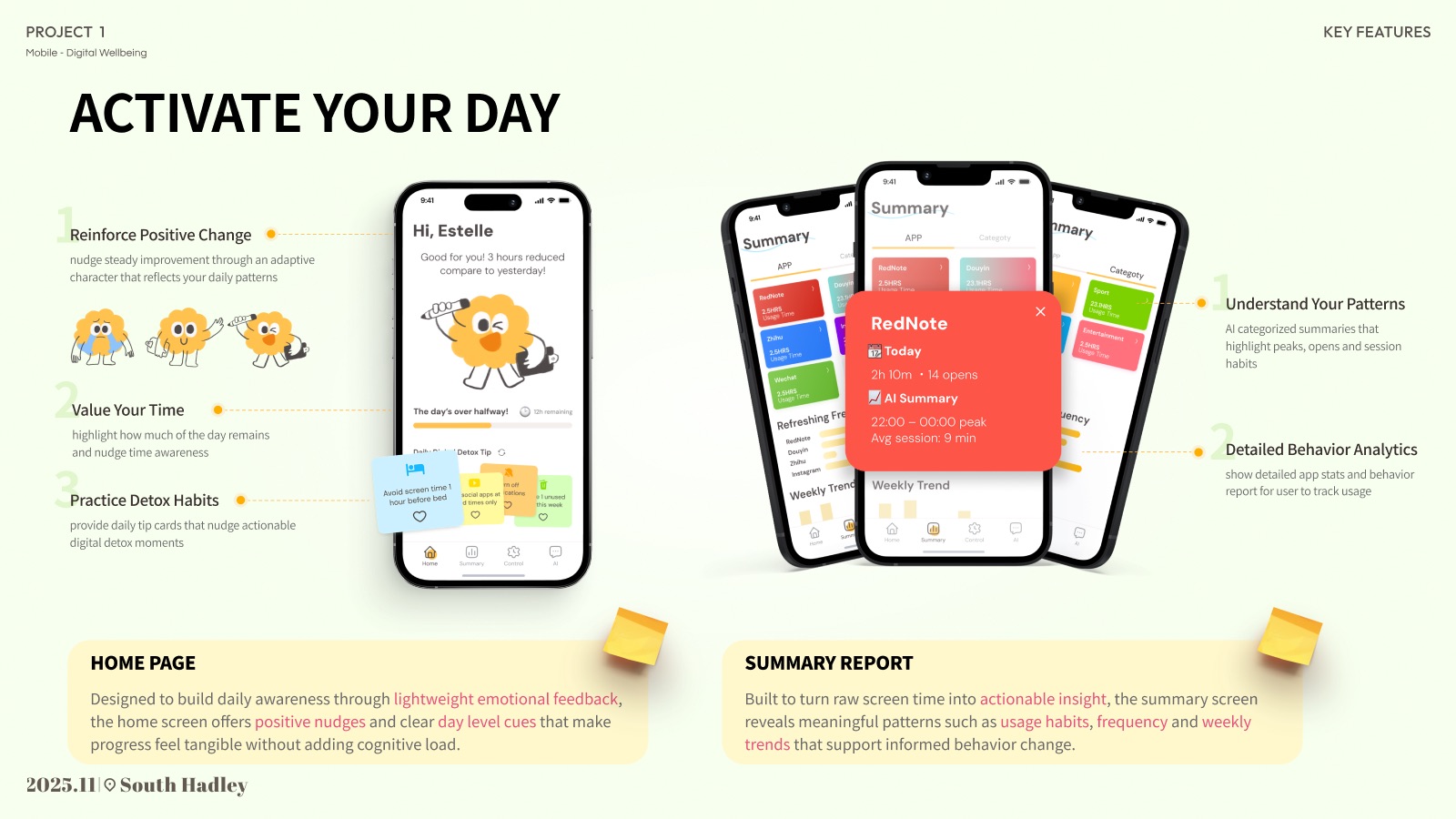 Home and Summary screens with feature callouts